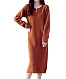 [グリーンパキラ] ワンピース レディース 秋冬 ニットワンピース 長袖 きれいめ ミモレ丈 上品 リブニット ワンピ 秋 冬 ロング プルオーバー 胸元パール 無地 あったか 着回し (Free Size, オレンジ)