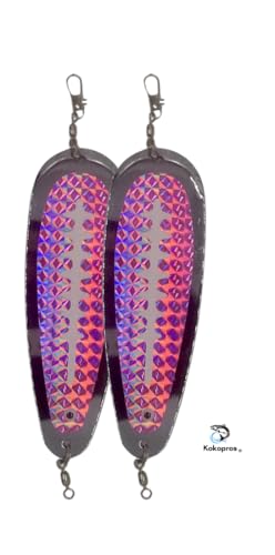 KOKOPROS Kokanee Salmon Finished Teardrop Fishing Flashers 5-1/2" Chrome Plated - Pink with Ladders Design for Salmon Fishing - 2-Pack