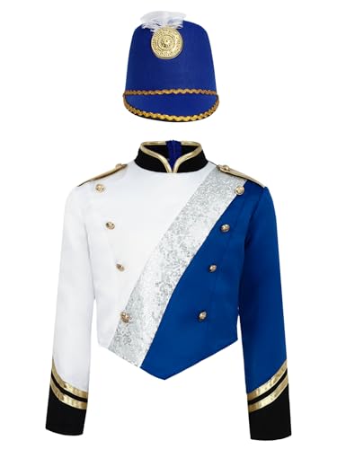 Runhomal Conjunto Uniforme De Banda Niños Niño Royal Band Chaqueta Y Sombrero Disfraz De Halloween Trajes De Juego De Rol Carnaval 5-16 Años Azul 13-14 años