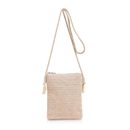 Image of Energather Small Phone Bag, Straw Mobile Phone Pouch Bag Mobile Phone Bags for Women and Girls, Portable Crossbody Phone Bag with Zipper for Beach, Dating, Travelling (beige)