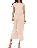ZESICA Women's 2025 Summer Mock Neck Casual Bodycon Dress Cap Sleeve Elegant Cocktail Party Long Midi Dresses,Apricot,Small