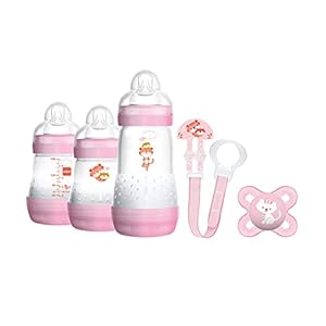 MAM Welcome to the World cadeauset, eerste uitrusting voor baby’s met 3 anti-koliek flessen, fopspeen en fopspeen lint, babycadeauset, vanaf de geboorte, tijger, 5-delige set,Roze-tijger