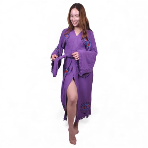Image of Purple Evil Eye Robe - Turkish Cotton Spa Robe - Handmade Festival Women Kimono - Boho Long Cardigan - Dressing Gown