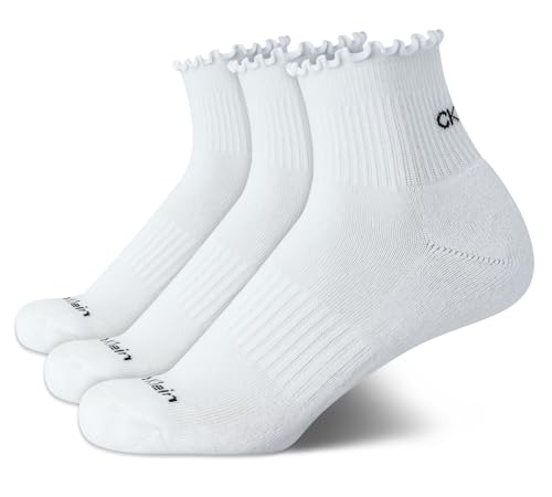 Image of Calvin Klein Womens Quarter Socks - 3 Pack Cotton Blend Cushioned Ruffle Quarter Socks for Women with Lettuce Edge Cuff