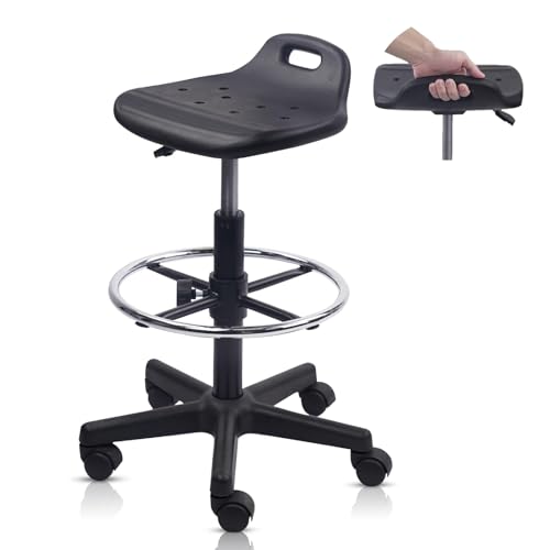 Image of KLASIKA Drafting Rolling Stool Adjustable Height with Foot Rest Breathable Seat Cushion Swivel Stools with Wheels, Multi-Purpose Work Stool for Shop, Task, Salon, Black, 1 Pack