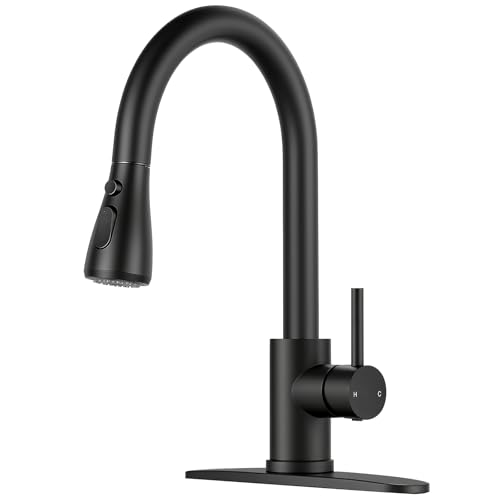 Image of Matte Black Kitchen Faucet with Pull Down Sprayer and Deck Plate | SUS 304 Stainless Steel, Single Handle, 3 Spray Modes, 360 Swivel Spout, RV Laundry Bar Sink, Deck Plate, NSF372 NSF61 cUPC