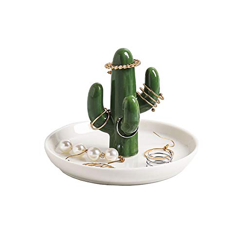 Royal Ceramic Crown Ring Holder Jewelry Stand Holder Trinket Tray Ring Dish for Earring Bracelet Keys Necklace Wedding Birthdays Xmas Gift (Cactus)