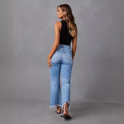Women's New Wide Leg Pants with Tassel Washed Tie Dyed Ripped Hole High Waisted Jeans Straight Leg Casual Pants for Women3