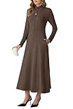 GRECERELLE Womens Fall Winter Casual Long Sleeve Mock Neck Flared Long Maxi Sweater Dress with Pockets (Coffee, Medium)