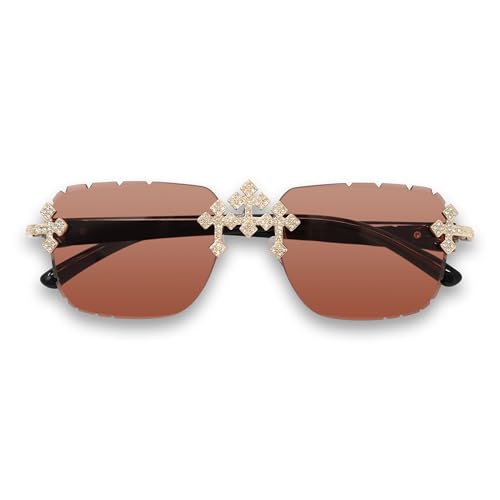 Image of Iced-Out Triple Cross Sunglasses - Frameless Diamond-Cut Luxury Shades for Men & Women | UV400 Hip-Hop Eyewear