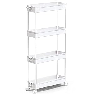 SPACEKEEPER Storage Trolley 4-Tier Slim Storage Cart Slide Out Rolling Utility Organizer Cart Mobile Shelving Unit for Kitchen Bathroom Laundry Office, Plastic, White