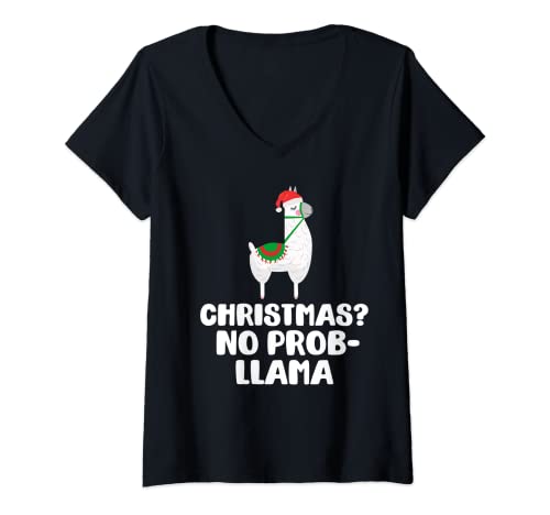 Donna Christmas Meme No Prob-Llama Alpaca Llamas Divertente Natale Meme Maglietta con Collo a V