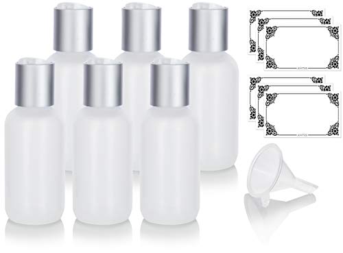 JUVITUS 2 oz/ 60 ml Clear Natural Squeeze LDPE Plastic Bottle with Silver and White Disc Cap (6 pack) + Funnel and Labels
