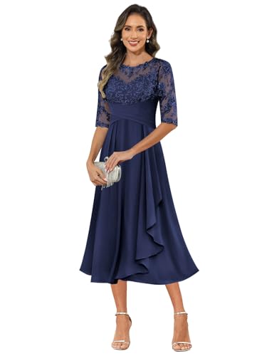 SOLODISH Lace Applique Mother of The Bride Dresses Tea Length Chiffon Formal Evening Party Gown
