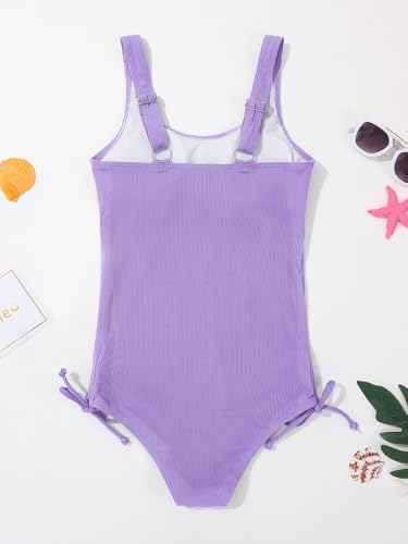 Image of Girls One Piece Swimsuits Ribbed Bathing Suit Teen Girls Adjustable Straps Drawstring Athletic Swimwear Swim Suit