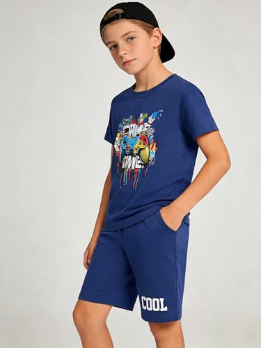 Image of Cakaner Tween Boys Summer Clothes 2 Piece Short Sleeve Graphic T-Shirt and Shorts Casual Outfit Set Size 7-14