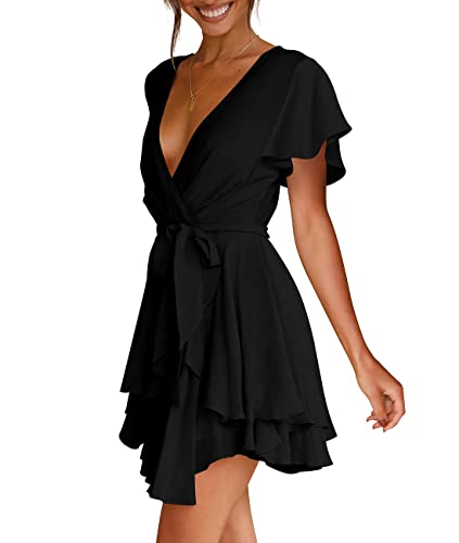 Cosonsen Womens Black Dresses Short Sleeve Deep V-Neck Tie Waist Sexy Dress M #TOP3