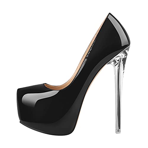 onlymakerheels Platform Stiletto High Heels for Women, Round Closed Toe Sexy Heeled Pumps Transparent Metal Heels Dress Shoes Black Size10