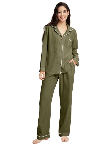 Image of Womens Muslin Pajama Set 100% Cotton Double Gauze Linen Like | Breathable Soft Comfort Button Up Loungewear Sleepwear PJ Set