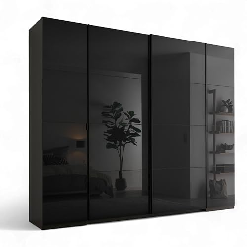 Stella Trading MUFO Kleiderschrank mit Glastüren in Graphit - Vielseitiger Schwebetürenschrank 4-türig für Ihr Schlafzimmer - 267 x 226 x 61 cm (B/H/T)