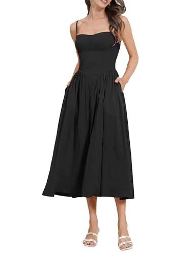 Image of ABEHIK Women Floral Corset Dress Boho Spaghetti Strap Lace Up Casual Midi Dresses with Pockets Low Cut Flowy Bustier Sundress