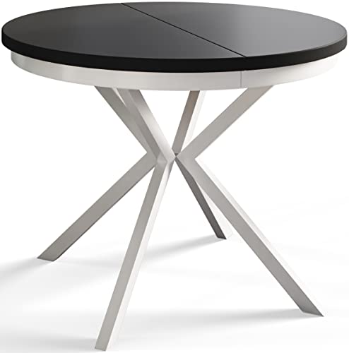 alpimeble Mesa Redonda de 90 cm / 170 cm Montaña,Mesa Plegable,Mesa de Cocina,Mesa de Comedor,Mesa de Comedor,Mesa de salón,Mesa de Interior,Mesa Moderna,Patas de Metal Blanco,Extensible,Negro