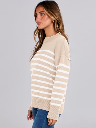 Anrabess Women Fall Fashion Sweaters Striped Long Sleeve Crewneck Loose Fit Cozy Knit Trendy Pullover Sweater Tops Beige White Stripe Medium thumb #2
