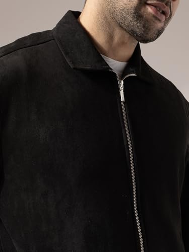 Buy PERCH Men Black Suede Solid Zipper Jacket - Image 5