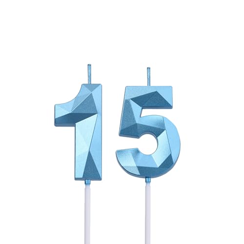 2 inch Blue 15 & 51 Birthday Candles, 3D Diamond Number 15th & 51st Cake Topper for Boys Girls Birthday Party Decorations Theme Party