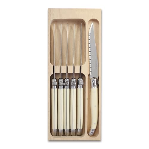 Andre Verdier Laguiole Steak Knife Set of 6 in Wooden Tray, Premium Stainless Steel - Sharp Serrated Knife Set, Made in France, Ivory