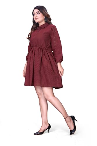 Image of Women's Cotton Self Design Chicken Work Midi Dress for Women | One Piece Dress for Women