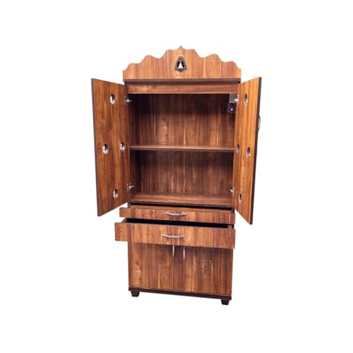 Image of 5 x 2.5 ft Wooden Pooja Mandir with Storage | Home Temple with Drawer & Stand | 30 inch L x 60 inch H x 12 inch D | Teak Wood Finish