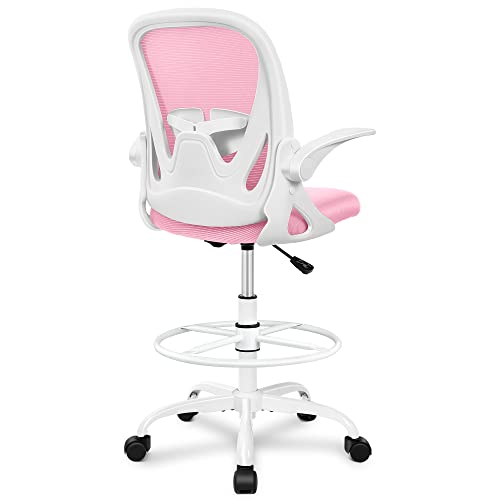 Primy Drafting Chair Tall Ergonomic Pink with Flip-Up Arms