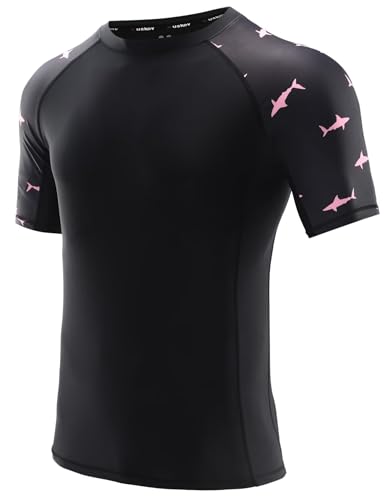 USKOY Men's Rash Guard T-Shirts UPF 50+ Baselayer Short Sleeve Skins Compression Performance Fit Tee 01Black/Pink Shark XXL