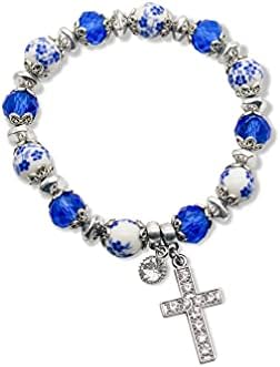 Nazareth Store Religious Cross Bracelet Christian Classic Beaded Bangle with Blue Crystal Beads Sacred Gift for Teen Girls Jewelry for Women & Men
