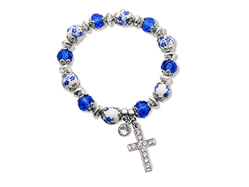 Nazareth Store Religious Cross Bracelet Christian Classic Beaded Bangle With Blue Crystal Beads Sacred Gift For Teen Girls Jewelry For Women & Men #TOP20