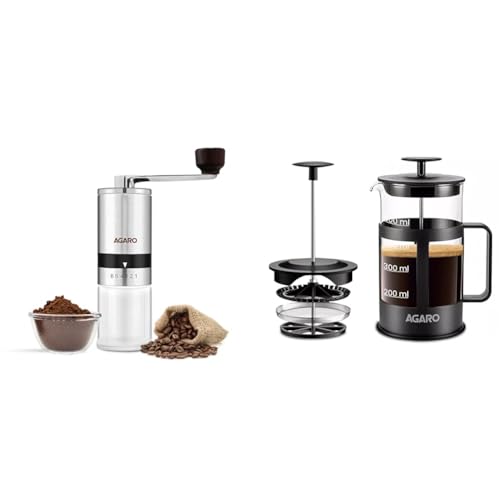 Image of AGARO Elite Coffee Plus | Manual Grinder + Delite Press (600ml) | Borosilicate Glass | BPA-Free Parts | for Home Use | Clear /Steel | Quality Tested