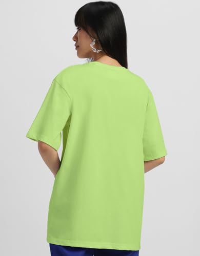 Image of JUNEBERRY Pure Cotton Oversized Drop Shoulder Brand Logo Typography Print Round-Neck Baggy Fit T-Shirt for Women (Available in Navy, Green & Pink Colors)