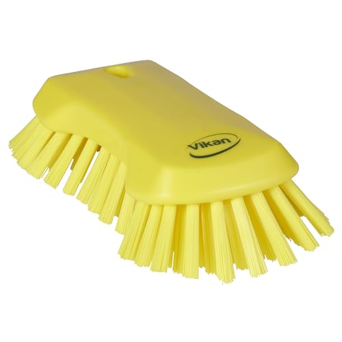 Image of Vikan 38946 Extra Large Hand Brush, Multifunctional, Slip-Resistant Cleaning Tool, Extra Stiff Polypropylene & Polyester Bristle, 9.1 inch, Yellow
