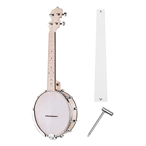 Ukulele Bausatz Konzert-Ukulele 23-Zoll- offener Banjo 4 String Banjo Ahorn Körper Ogome Neckband-Tuning-Schlüsselbrücke (Color : White)