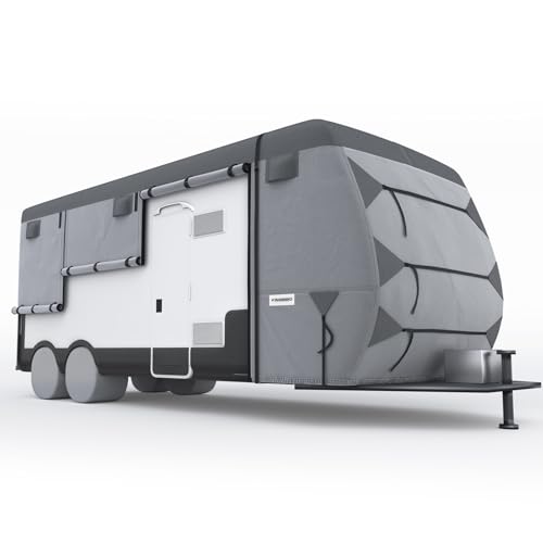 KING BIRD Oxford Fabric Travel Trailer RV Cover, 600D Oxford Camper Cover 24-27 ft Tearproof Waterproof Windproof Travel Trailer Cover with 2Pcs Extra Straps, 6 Gutter Covers & 4 Tire Covers