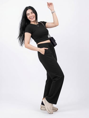 Image of Fflirtygo Women's Wide Leg Pants with Pockets | Premium Cotton Lounge Wear | High Waisted Drawstring | Casual Comfortable Pajama Bottoms with Pocket