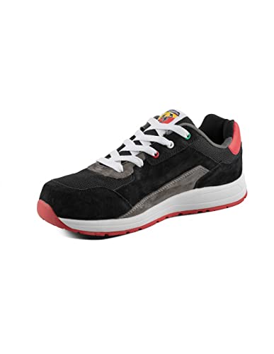 ABARTH 595 Zapato de Seguridad S3 Negro+Rojo en Piel de Ante y Mesh, Hidrorepelente, Puntera en Fibra de Vidrio, Libre de Metal Cover