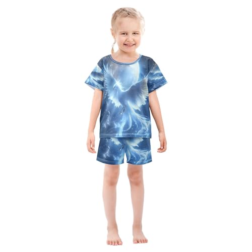 ALAZA Blue Phoenix Moon Pajamas Set Short Sleeve Cotton Sleepwear Summer Pjs 2 Piece 5-14Y3