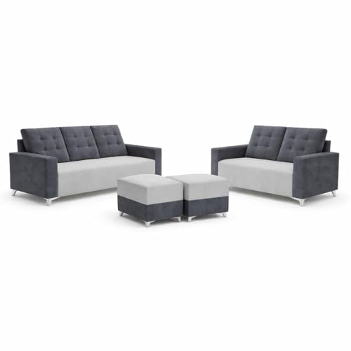 Image of Hakuna Dual Tone Plush Velvet 3 Seater + 2 Seater Sofa Set with 2 Ottoman | Silken Velvet Suede Upholstery | Designer Sofa for Living Room, Office Spaces (Dark Grey & Light Grey)