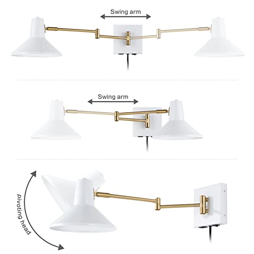 Image of JONATHAN Y 16 inch White /Brass Gold 1-Light Modern Swing Arm Sconce with USB Port, Plug-in Midcentury LED Bedside Lamp with White Iron Shade for Bedroom Living Room JYL1302A