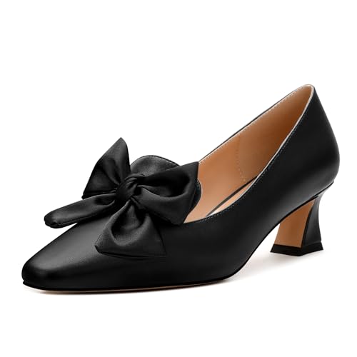 WAYDERNS Womens Solid Sexy Square Toe Party Matte Bow Slip On Kitten Low Heel Pumps Shoes 2 Inch
