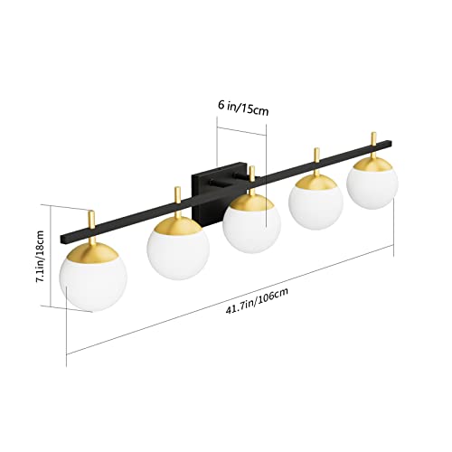 Image of Ralbay Mid Century Modern Bathroom Vanity Light Fixture 5 Light Milky Glass Globe Modern Bathroom Light Fixture Over Mirror, Black /Golden 5 Light