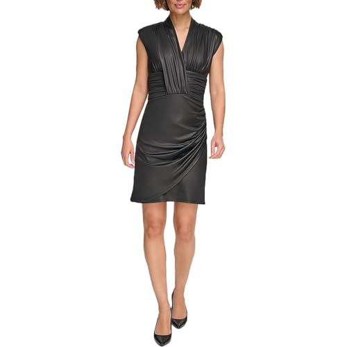 DKNY Womens Ruched Mini Dress, Black, 4