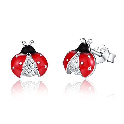 Pendientes de mariquita para mujer y niña, plata de ley 925, hipoalergénicos, mariquita, pequeños pendientes de escarabajo rojo, cabeza negra, joyería de animales pequeños, Plata de ley